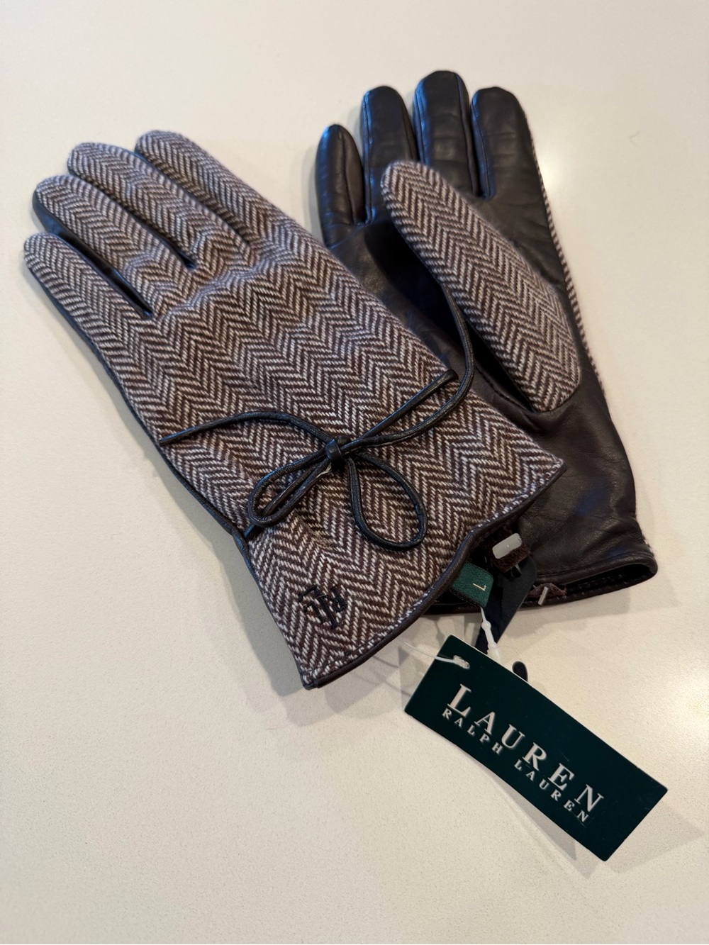 Lauren Ralph‎ Lauren Herringbone Wool Gloves Brown Leather